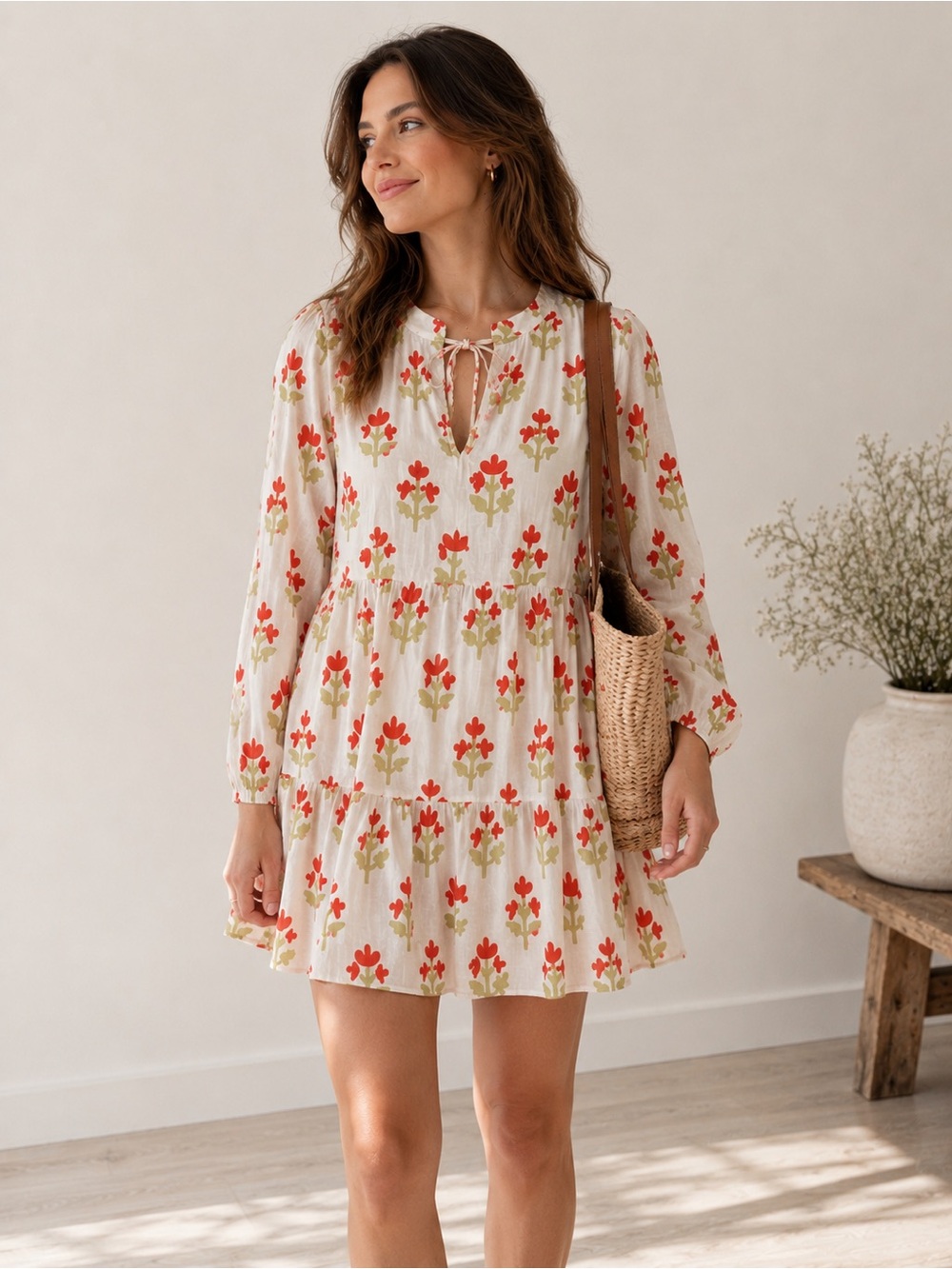 White Floral Block Print Mandarin Collar Gauzy Babydoll Dress Boho Effortless